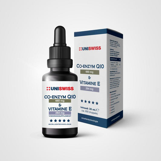 Uniswiss Co-Enzym Q10 and vitamin E supplement in a 30ml bottle, part of the multivitamin product line.