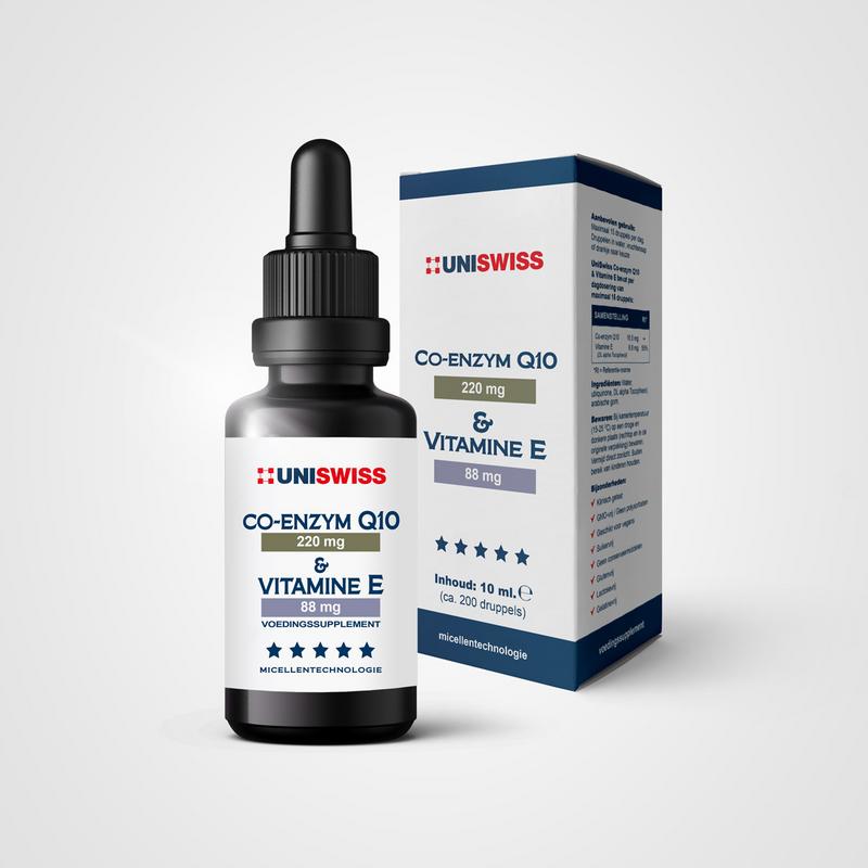 Uniswiss Co-Enzym Q10 and Vitamin E multivitamin in a 10ml bottle, featuring a dropper for easy use and vibrant product packaging.