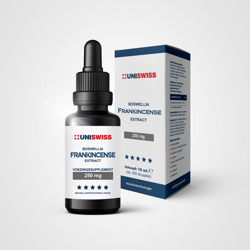 Uniswiss Frankincense Boswellia Serrata herbal extract in a 10ml bottle, part of Uniswiss Kruidenpreparaten collection.