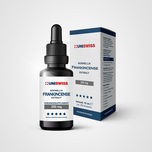 Uniswiss Frankincense Boswellia Serrata herbal extract in a 10ml bottle, part of Uniswiss Kruidenpreparaten collection.