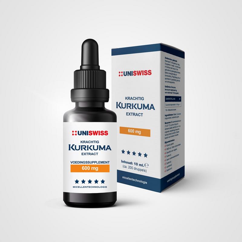 Uniswiss Kurkuma kruidenpreparaat in 10ml bottle with turmeric root and vibrant yellow liquid in a glass jar.