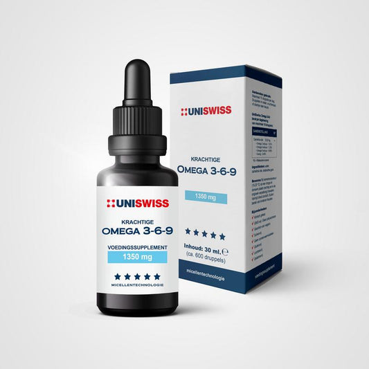 Uniswiss Omega 3-6-9 water-soluble fatty acids in 30ml bottle, showing the supplement container and label.