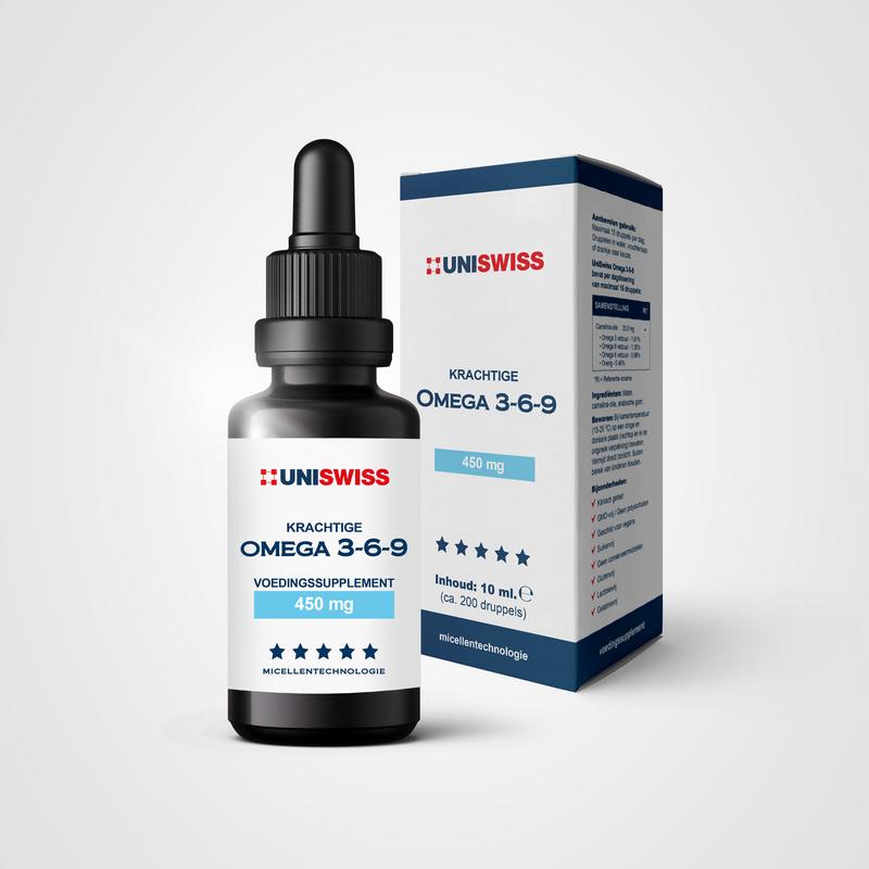 Uniswiss Omega 3-6-9 water-soluble fatty acids in a 10ml bottle, showing the supplement liquid inside the container.