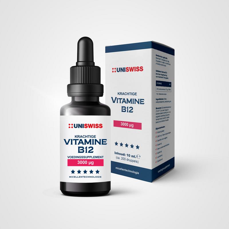 Uniswiss Vitamin B12 liquid in 10ml bottle, close-up showing the clear dropper and label for dietary supplement.