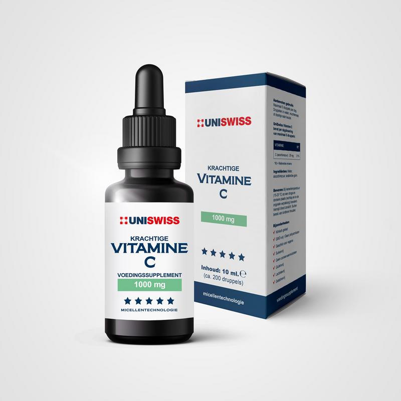 Uniswiss Vitamin C 10ml bottle, natural dietary supplement with orange liquid, designed for immune support and health.