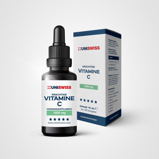 Uniswiss Vitamin C 10ml bottle, natural dietary supplement with orange liquid, designed for immune support and health.
