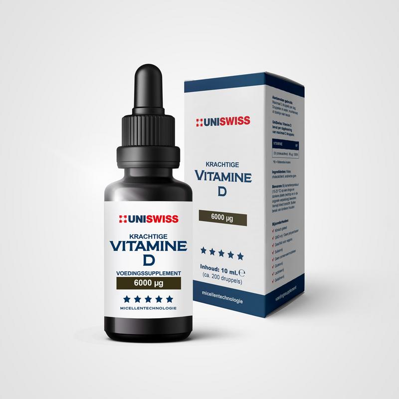 Uniswiss Vitamin D 10ml bottle showing clear liquid supplement, labeled as vitamin D Enkel, with orange and white packaging.