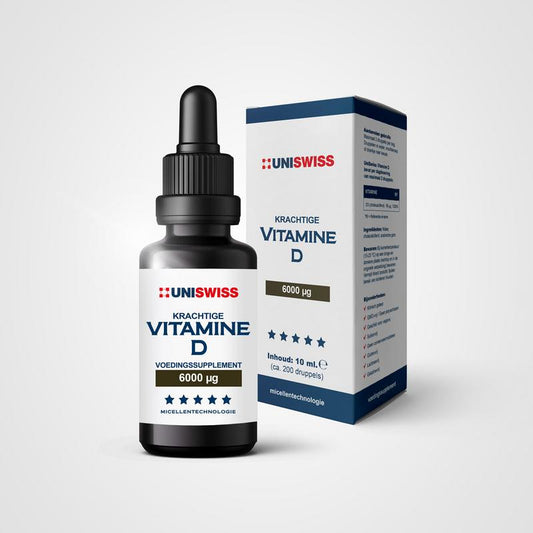 Uniswiss Vitamin D 10ml bottle showing clear liquid supplement, labeled as vitamin D Enkel, with orange and white packaging.