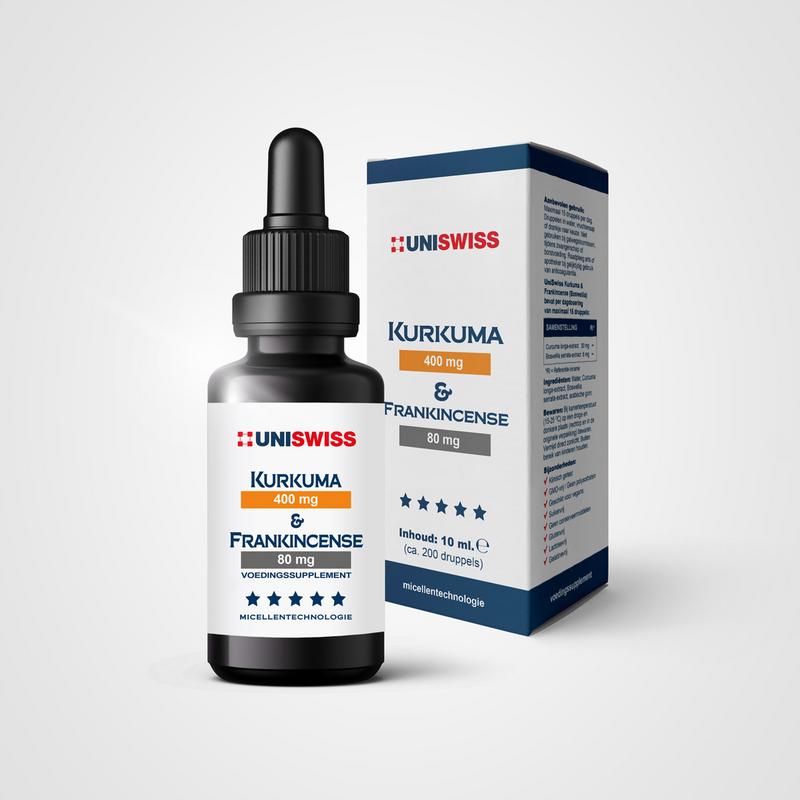 Uniswiss Kurkuma & frankincense herbal supplement in 10ml bottle, featuring turmeric powder and frankincense resin in a herbal preparation.