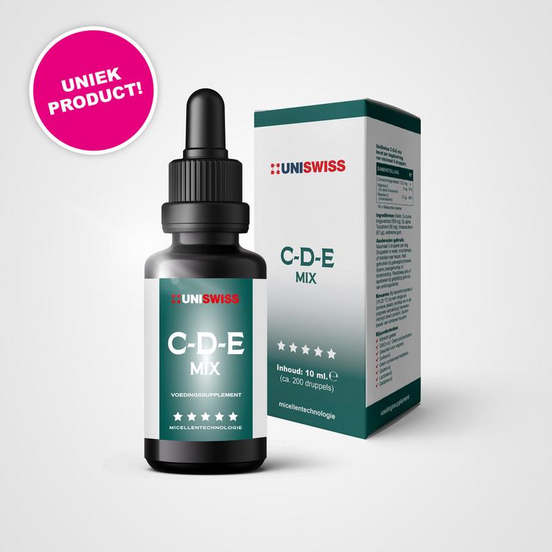 Uniswiss C-D-E mix herbal supplement bottle showing label with turmeric, vitamin D3, and vitamin E capsules in 10ml container.
