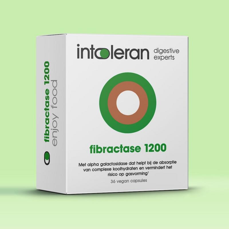 Intoleran Fibractase 1200 vegetarian capsules, dietary fiber and enzyme supplement, shown in a clear container.