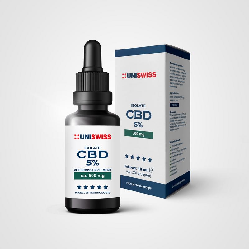 Uniswiss CBD isolate 5% water-soluble herbal preparation in 10ml bottle, natural CBD product for wellness.