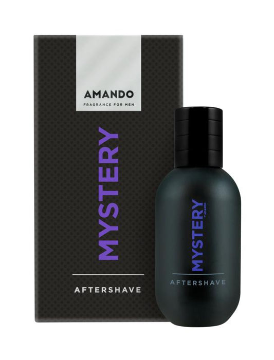 Amando Mystery aftershave spray bottle, 50ml, with sleek packaging, designed for shaving and grooming.