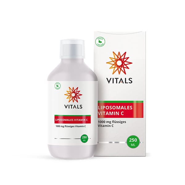 Vitals Liposomale Vitamine C in 250ml bottle, showing the supplement packaging with the brand label and product details.