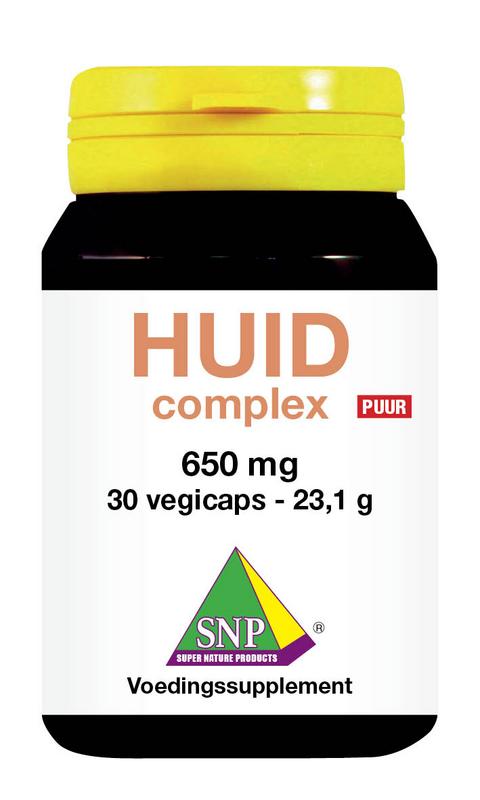 SNP Huidcomplex vegetarian capsules, multivitamin supplement for skin health, shown in the image with capsules in a container.