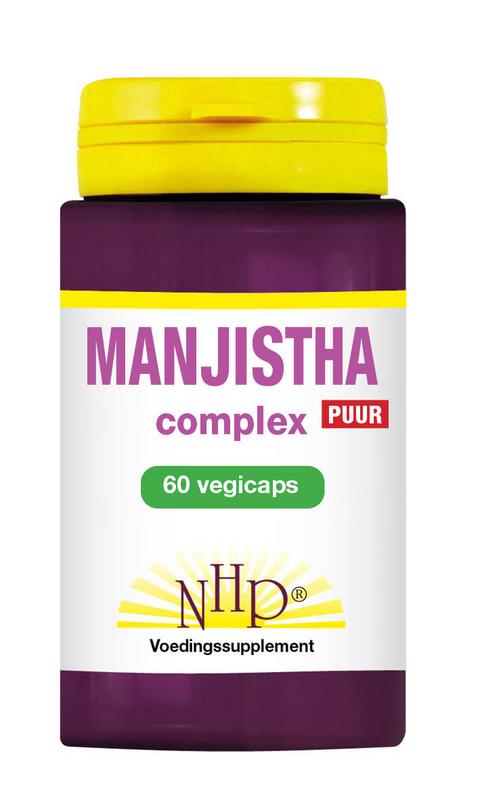 NHP Manjistha complex puur herbal capsules in a bottle, vegetarian supplement for skin and blood health, 60 capsules.