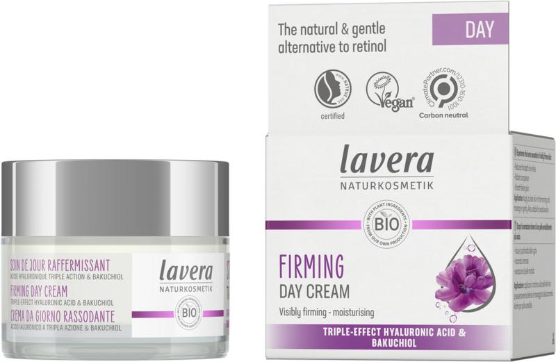 Lavera Firming Day Cream bio in 50ml jar, natural facial skincare product with a white and green packaging design.
