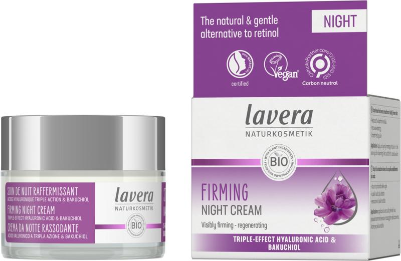 Lavera Firming Night Cream bio in 50ml jar, featuring a smooth cream texture in a sleek container for facial skincare.