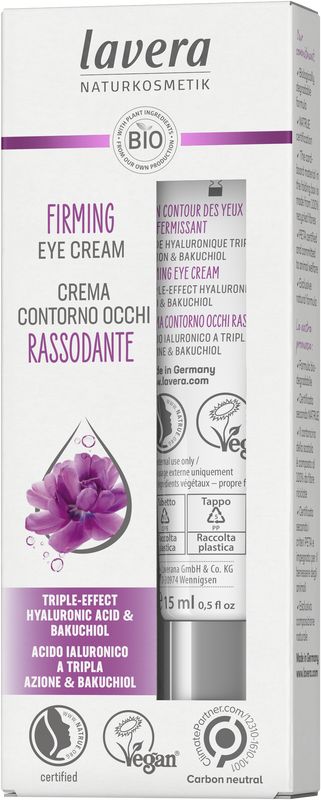 Lavera Firming Eye Cream in 15ml jar, featuring natural ingredients, designed for facial skincare and reducing under-eye signs.