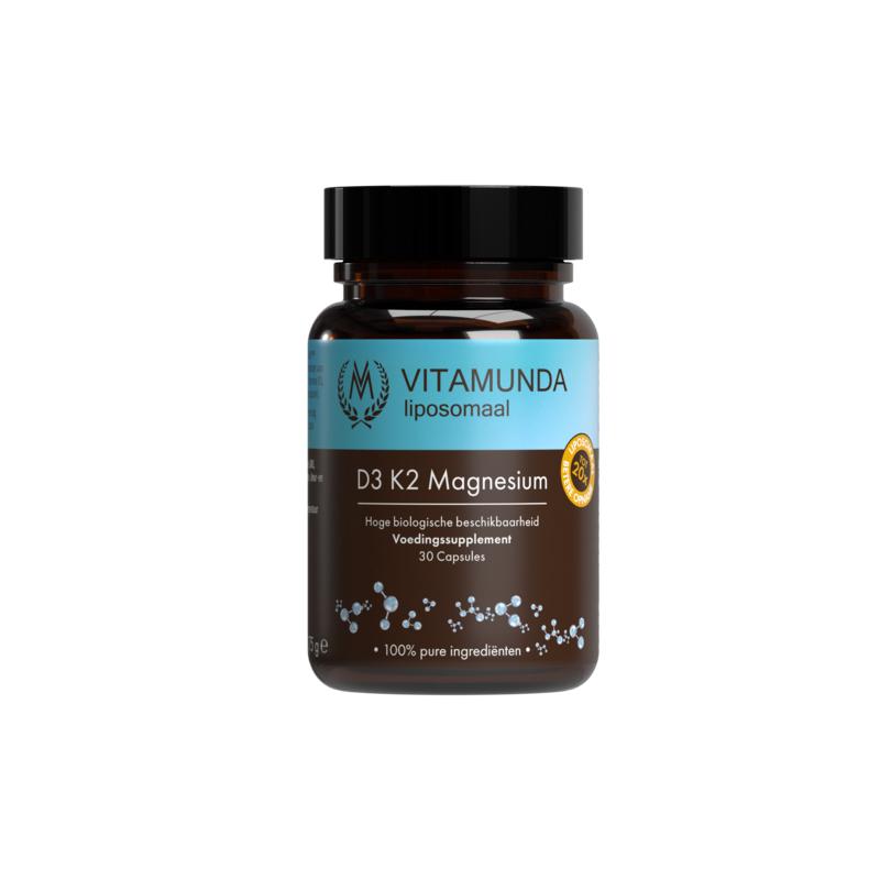 Vitamunda vegan D3 K2 magnesium multivitamin capsules in a bottle, dietary supplement for bone and immune health.