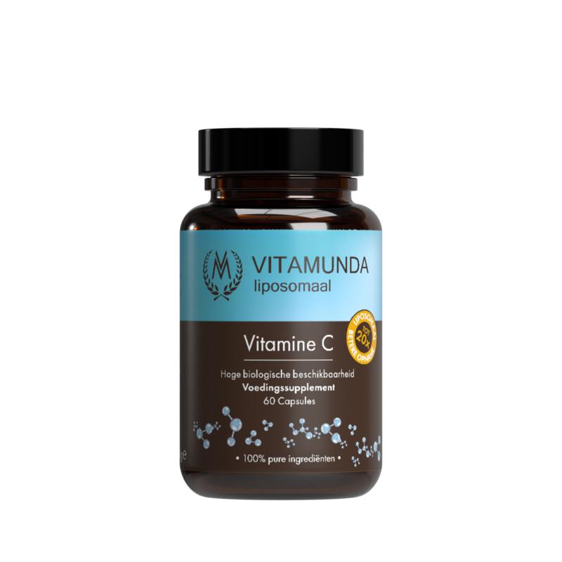 Vitamunda Vitamin C 60 capsules, dietary supplement with orange-colored capsules, shown in close-up on white background.