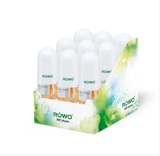 Rowo Flexi Forte warming gel roller for muscle and joint care, 50ml, soothing topical treatment for sports and arthritis relief.