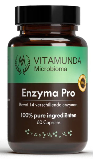 Vitamunda Enzyma pro vegetarian capsules containing fibers and enzymes, displayed in a bottle with capsules visible.