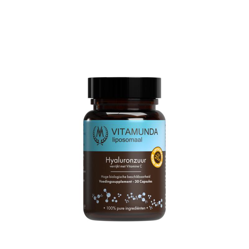 Vitamunda Hyaluronzuur 30 capsules, dietary supplement with amino acids for skin hydration and joint health.
