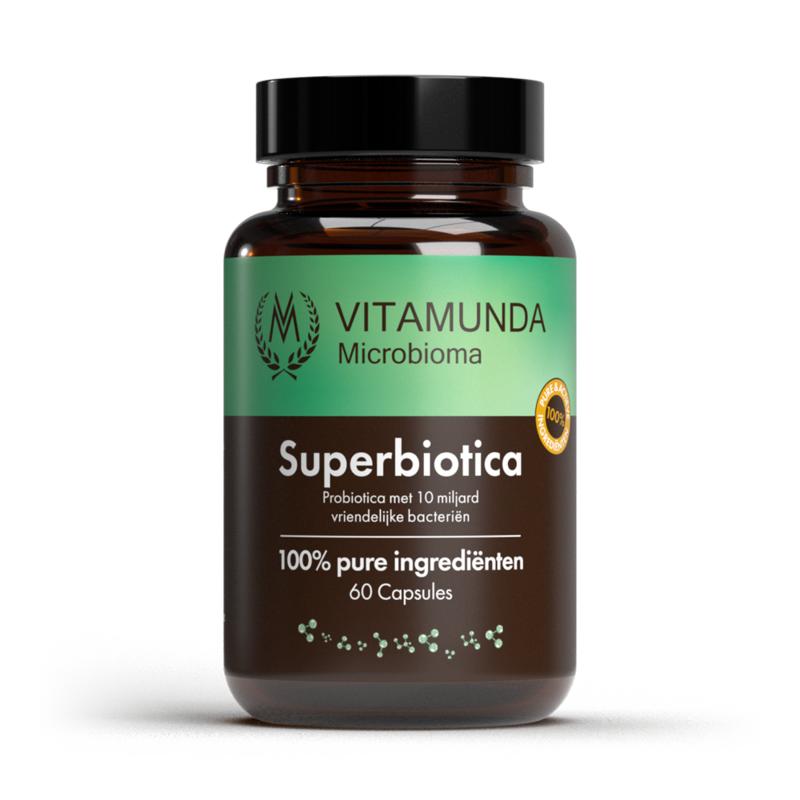 Vitamunda Super Biotica capsules containing micro-organisms for digestive health, shown in a bottle with capsules.