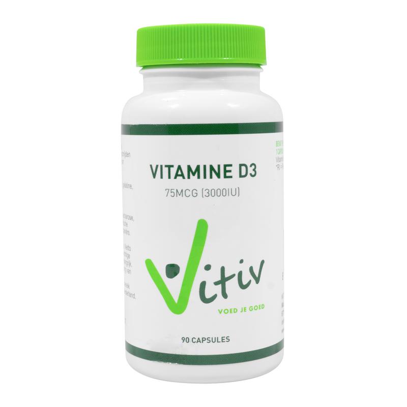 Vitiv Vitamin D3 3000IU softgels bottle featuring 90 softgel capsules, designed for daily vitamin D supplementation.