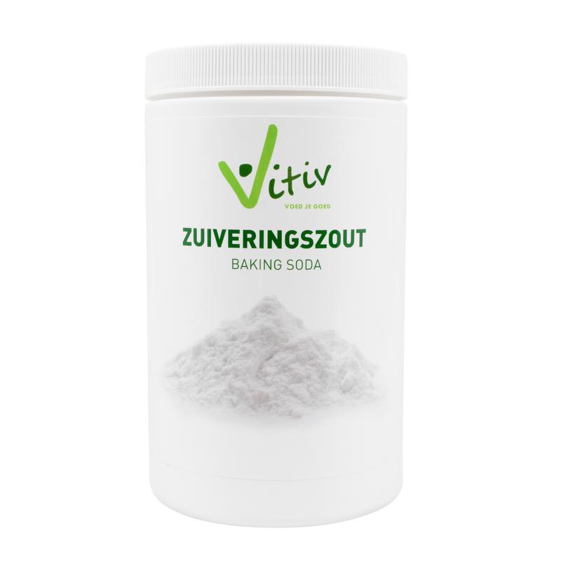 Vitiv Zuiveringszout 1kg bag, pure baking soda in a clear package, suitable for cooking and household use.
