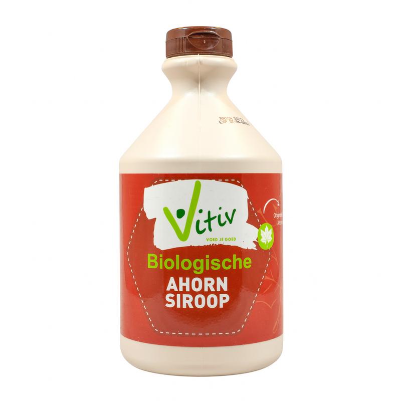 Vitiv organic maple syrup in a 1-liter bottle, showcasing the rich, golden color of the natural sweetener.