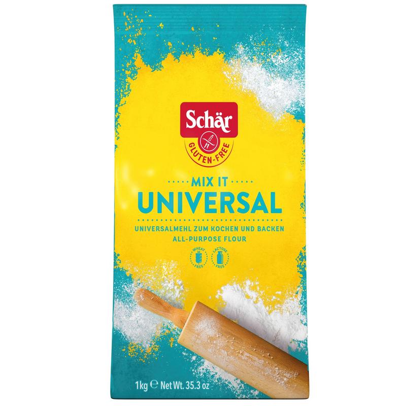 Gluten-free Schar Mix it universele bakmix in a 1kg bag, versatile baking flour for various recipes, shown in the image.