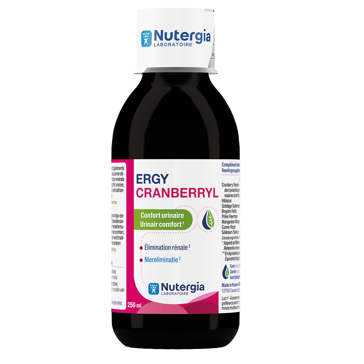 Nutergia Ergycranberryl herbal supplement bottle, 250ml, in a dark glass container with a label displaying product details.