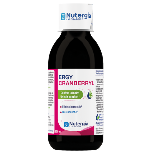 Nutergia Ergycranberryl herbal supplement bottle, 250ml, in a dark glass container with a label displaying product details.