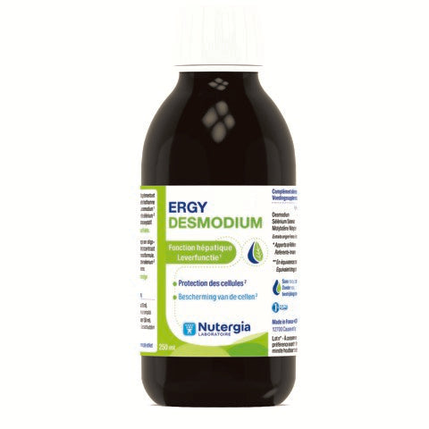 Nutergia Ergydesmodium herbal supplement bottle with a white label and blue cap, 250 milliliters, shown on a neutral background.