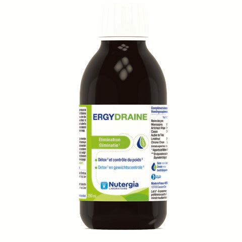 Nutergia Ergydraine herbal supplement bottle, 250ml, with label showing product details and branding.