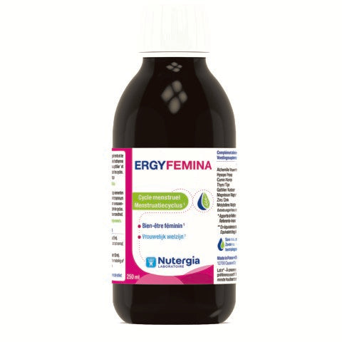 Nutergia Ergyfemina herbal supplement bottle, 250ml, with label showing product details and natural plant imagery.