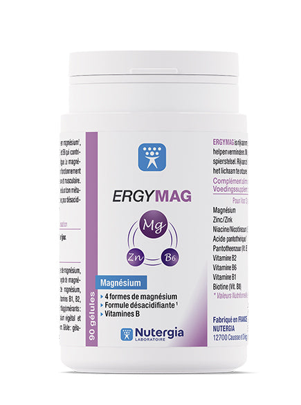 Nutergia Ergymag mineral supplement capsules, 90 count, showing the white capsule bottles with label details.