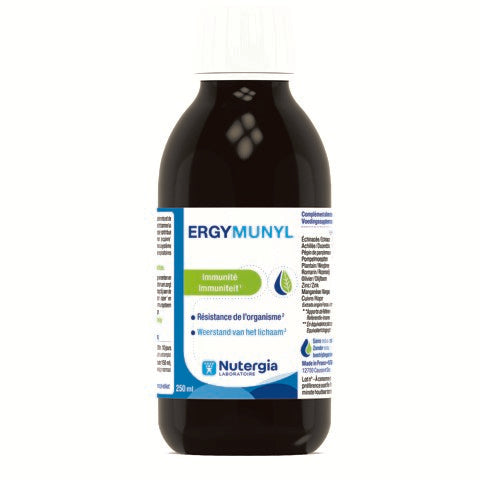 Nutergia Ergymunyl herbal supplement bottle, 250ml, with label displaying product details and branding.