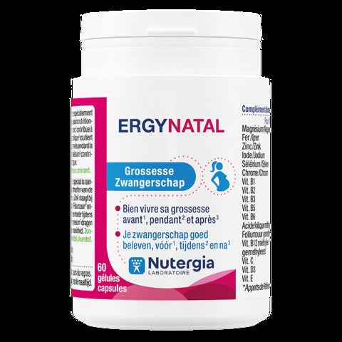 Nutergia Ergynatal multivitamin capsules in a bottle, dietary supplement for prenatal and overall health.