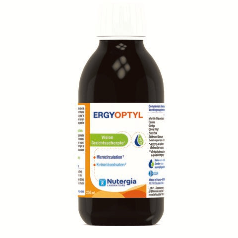 Nutergia Ergyoptyl herbal supplement bottle, 250ml, with label showing product details and branding.