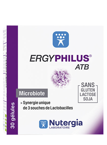 Nutergia Ergyphilus ATB capsules containing micro-organisms, shown in a blister pack with 30 capsules.
