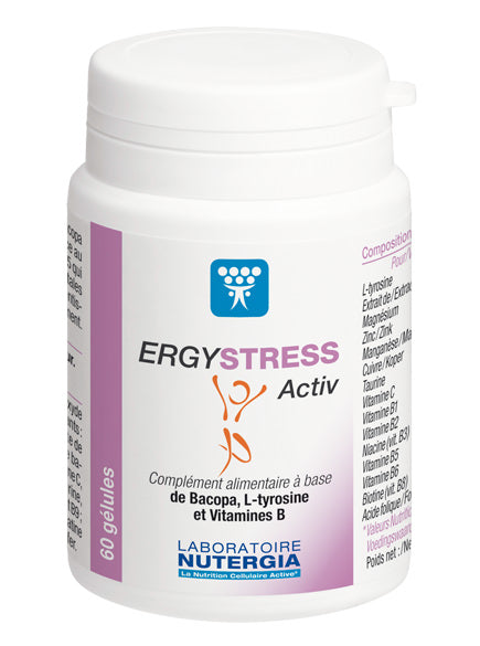 Nutergia Ergystress Activ herbal supplement capsules in a clear bottle, showing 60 capsules of herbal remedy for stress relief.