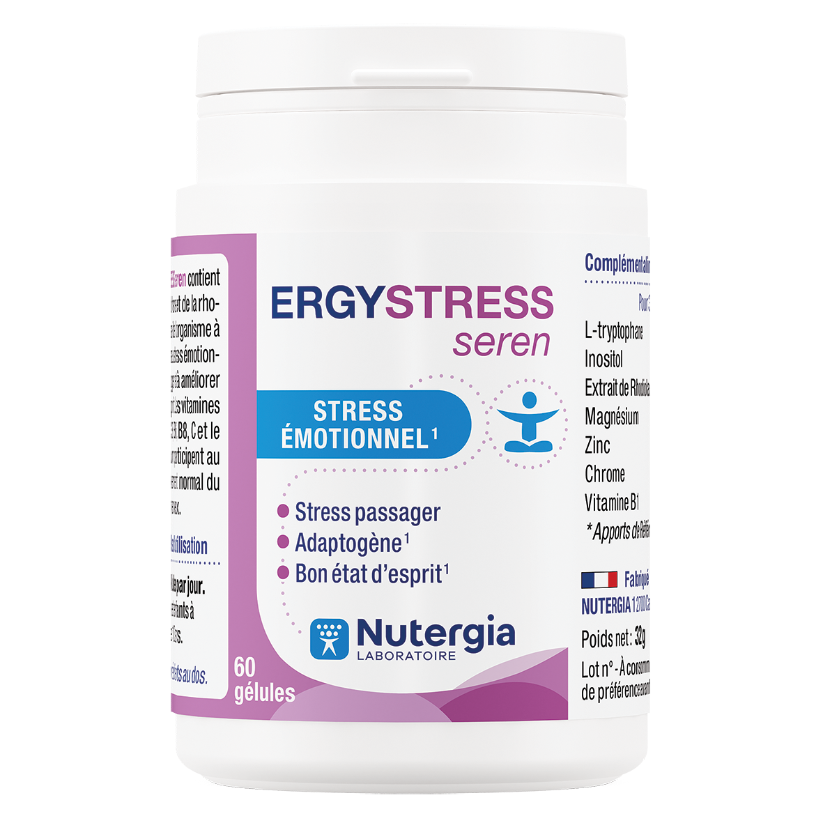 Nutergia Ergystress Seren herbal supplement capsules, 60-count, featuring natural ingredients for stress relief.