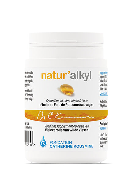 Nutergia Natur Alkyl Vetzuren capsules, 90-count, close-up of the supplement bottle with capsules inside.
