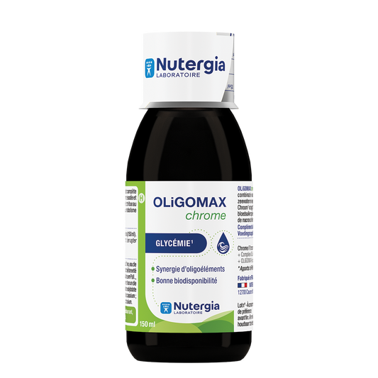 Nutergia Oligomax Chrome mineral supplement bottle, 150ml, with the label and cap visible in the image.