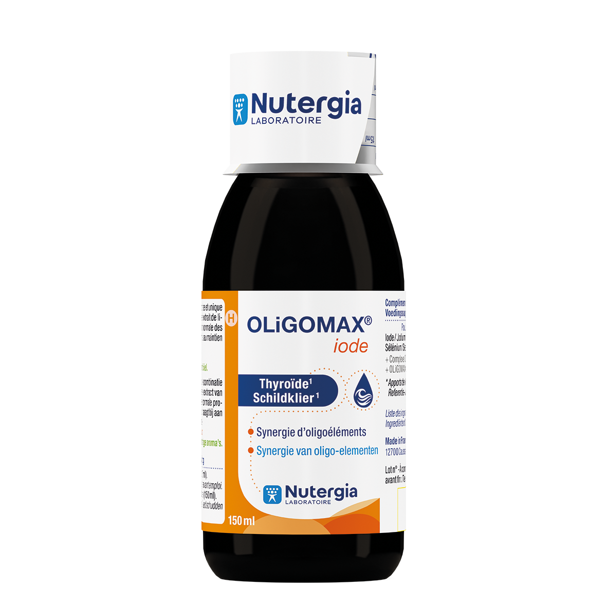 Nutergia Oligomax Jodium mineral supplement in a 150ml bottle, featuring clear liquid and dropper cap for easy use.
