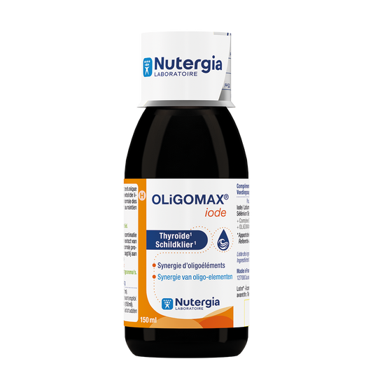 Nutergia Oligomax Jodium mineral supplement in a 150ml bottle, featuring clear liquid and dropper cap for easy use.