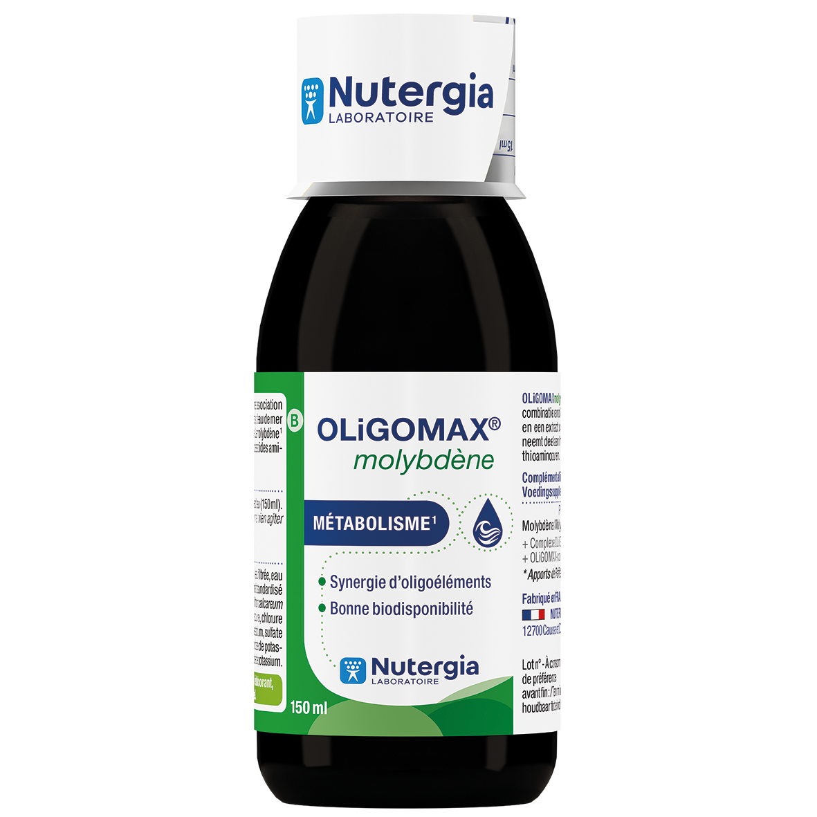 Nutergia Oligomax molybdeen mineral supplement bottle, 150ml, featuring the product label and packaging details.